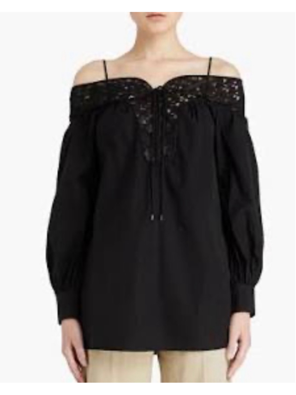 NWT Gabriela Hearst Black Augustin Off-the-Shoulder Lace Blouse Size 8-10
